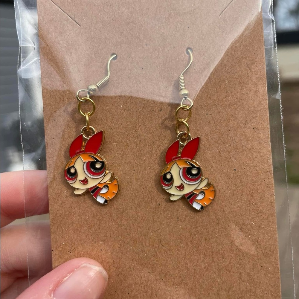 Hand-pieced Superhero Cartoon Character Earrings with Red and Gold Accents